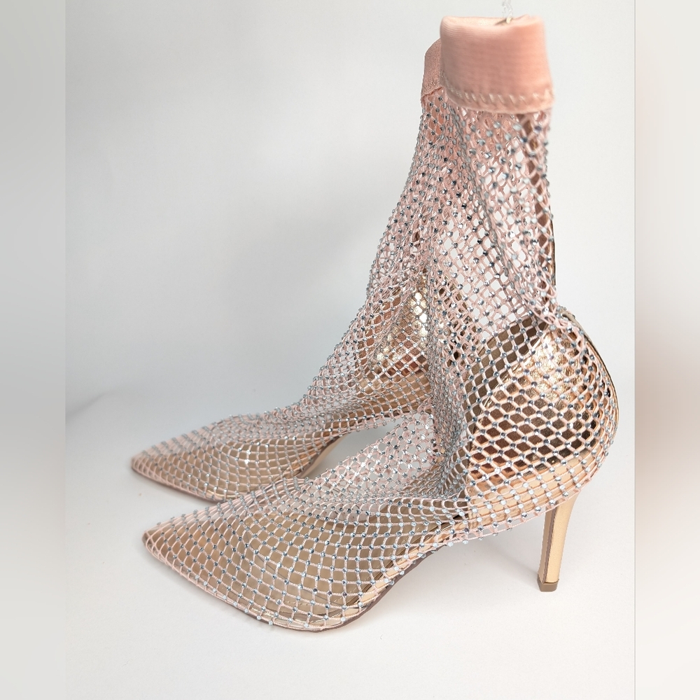 JF Rhinestone Fishnet Pink Rose Gold Stiletto High Heels Clear Netting Size 7.5